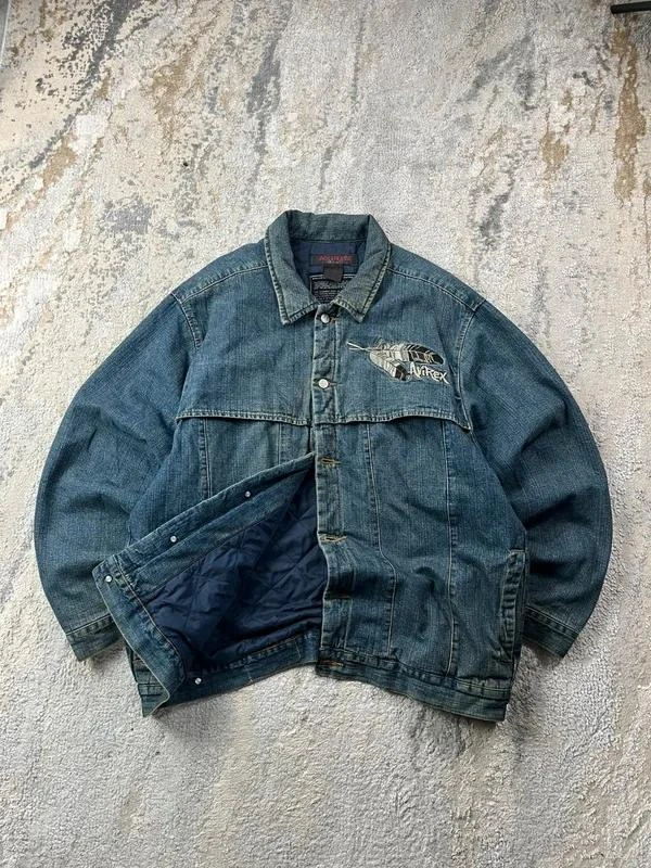 Vintage Avirex USA New York Embroidered Men’s Blue Khaki Denim Jacket Size XXL